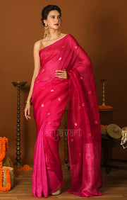 Fuchsia Matka Silk Saree With Zari Polka Dot Butta