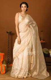 White Chanderi Silk Saree with Golden Zari Stripes