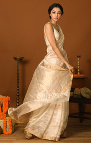 White Chanderi Silk Saree with Golden Zari Stripes