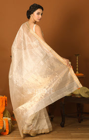 White Chanderi Silk Saree with Golden Zari Stripes