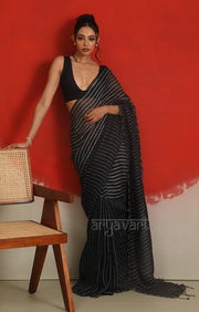 A striking Black & White Striped Linen Saree