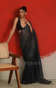 A striking Black & White Striped Linen Saree