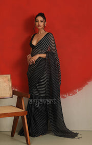 A striking Black & White Striped Linen Saree