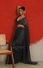 A striking Black & White Striped Linen Saree