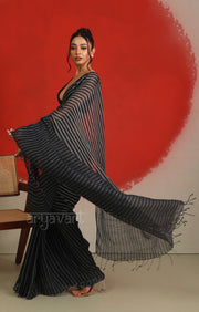 A striking Black & White Striped Linen Saree