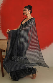 A striking Black & White Striped Linen Saree