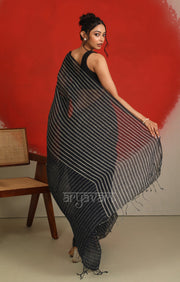 A striking Black & White Striped Linen Saree