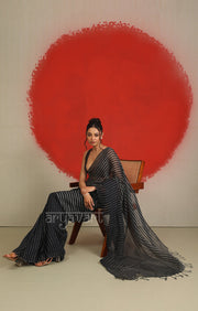 A striking Black & White Striped Linen Saree
