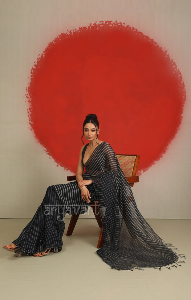 A striking Black & White Striped Linen Saree
