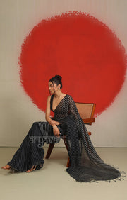 A striking Black & White Striped Linen Saree