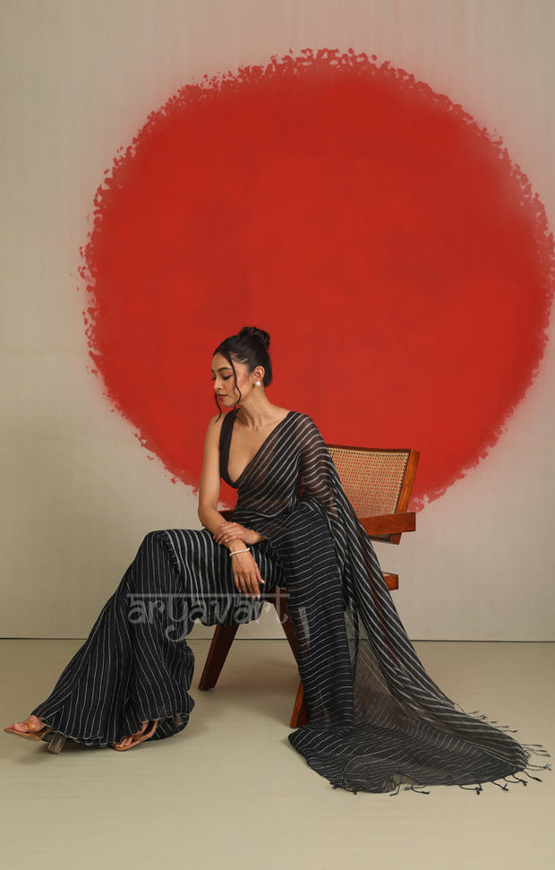 A striking Black & White Striped Linen Saree