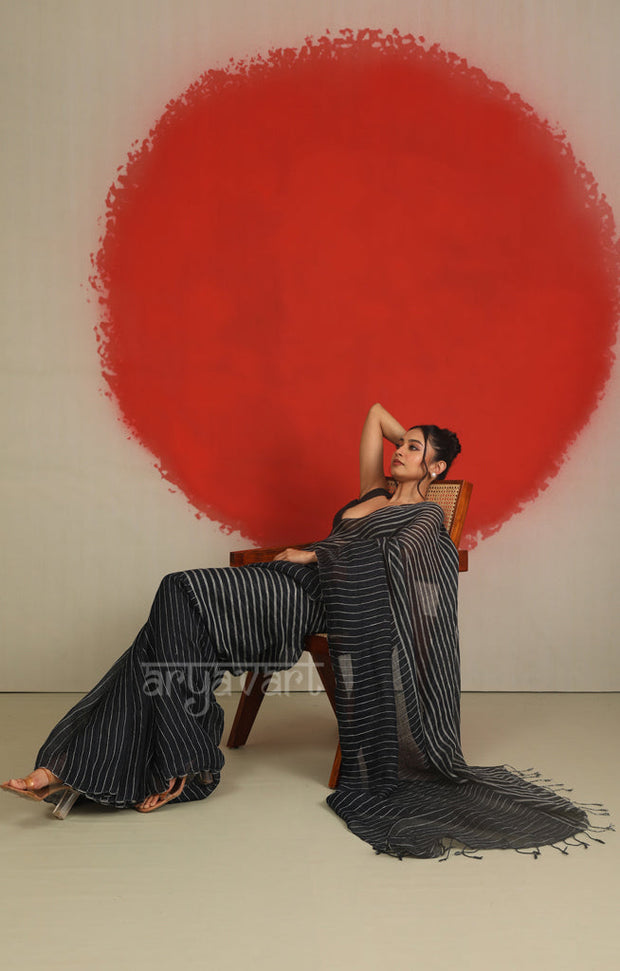 A striking Black & White Striped Linen Saree