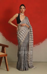 Ash Grey Linen Saree with White Striped Design