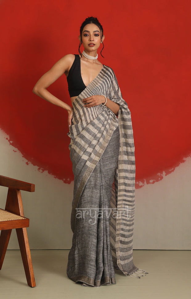 Ash Grey Linen Saree with White Striped Design