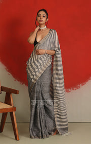Ash Grey Linen Saree with White Striped Design