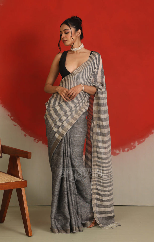 Ash Grey Linen Saree with White Striped Design