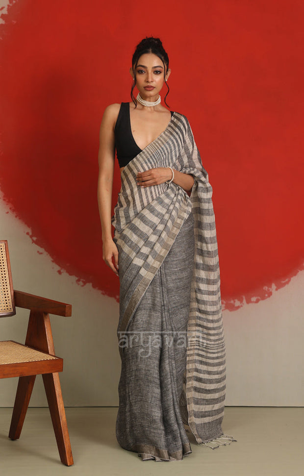 Ash Grey Linen Saree with White Striped Design