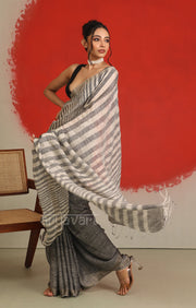 Ash Grey Linen Saree with White Striped Design