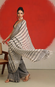 Ash Grey Linen Saree with White Striped Design