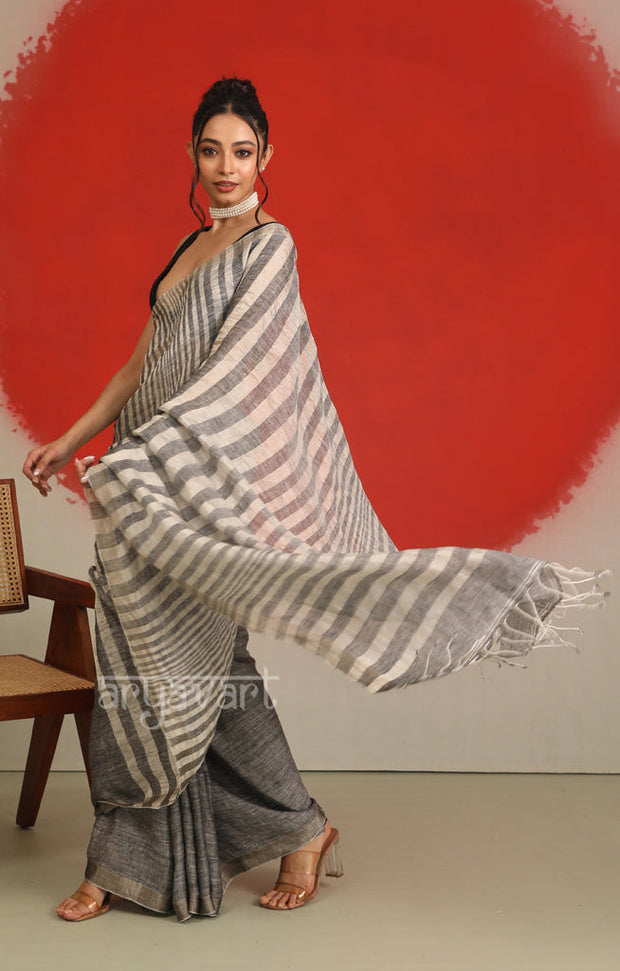 Ash Grey Linen Saree with White Striped Design