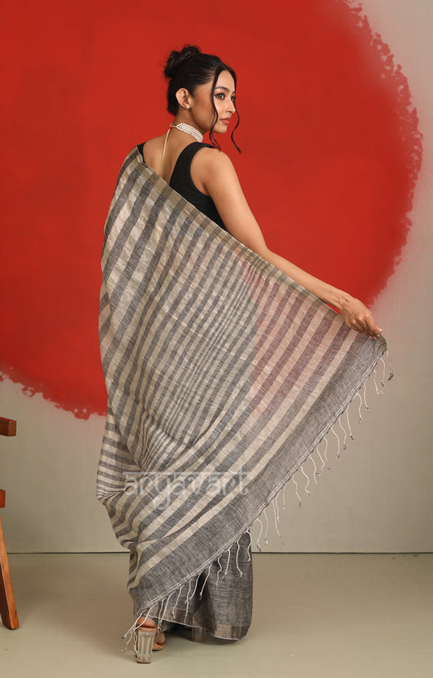 Ash Grey Linen Saree with White Striped Design