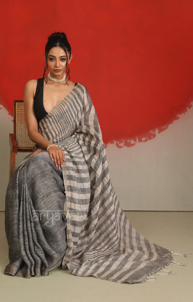Ash Grey Linen Saree with White Striped Design