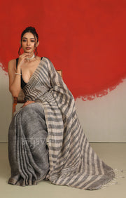 Ash Grey Linen Saree with White Striped Design
