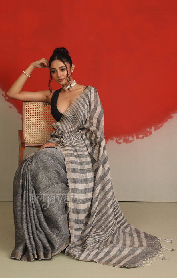 Ash Grey Linen Saree with White Striped Design