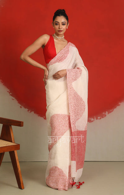 White Linen Saree with A Striking Red Border