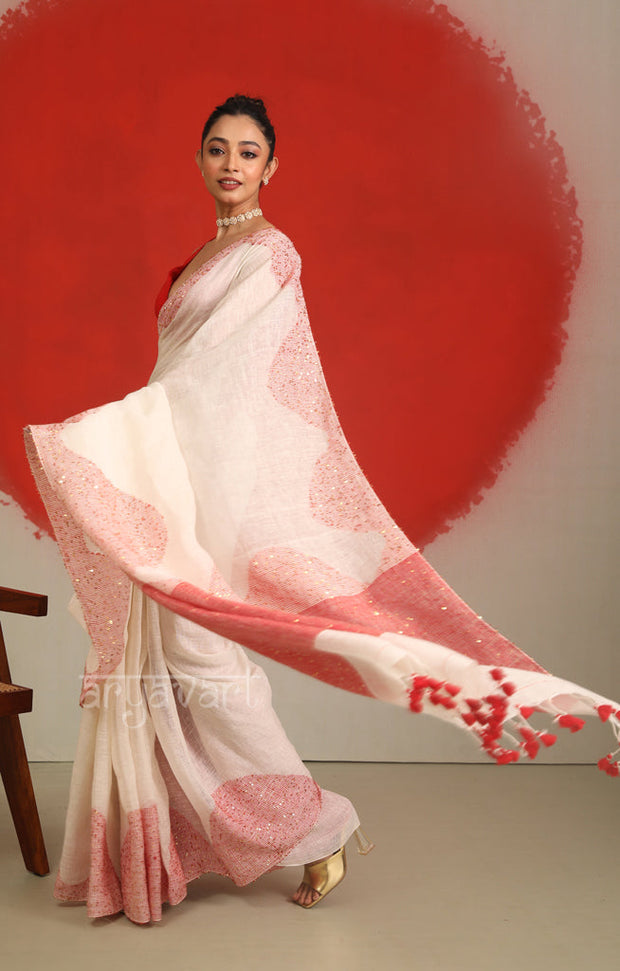 White Linen Saree with A Striking Red Border