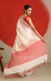 White Linen Saree with A Striking Red Border