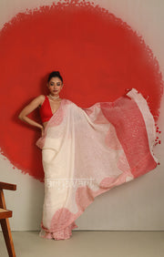 White Linen Saree with A Striking Red Border