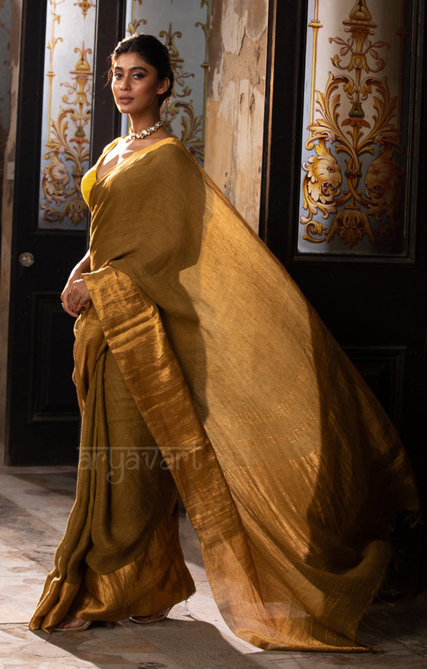 Olive Green Textured Linen Saree With a striking Gold Zari Border & Pallu