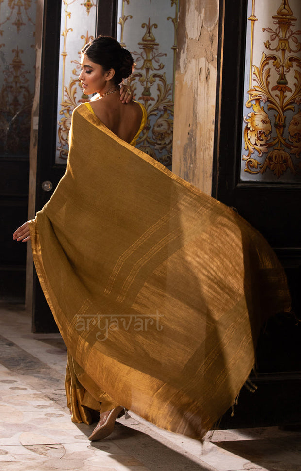 Olive Green Textured Linen Saree With a striking Gold Zari Border & Pallu