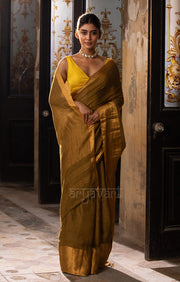 Olive Green Textured Linen Saree With a striking Gold Zari Border & Pallu