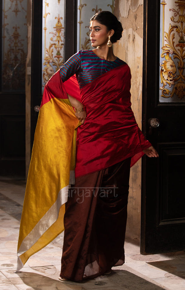 Walnut Brown & Red Silk Chanderi Saree with a Stunning Sunset Gold Pallu