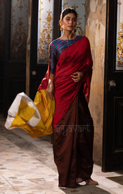 Walnut Brown & Red Silk Chanderi Saree with a Stunning Sunset Gold Pallu