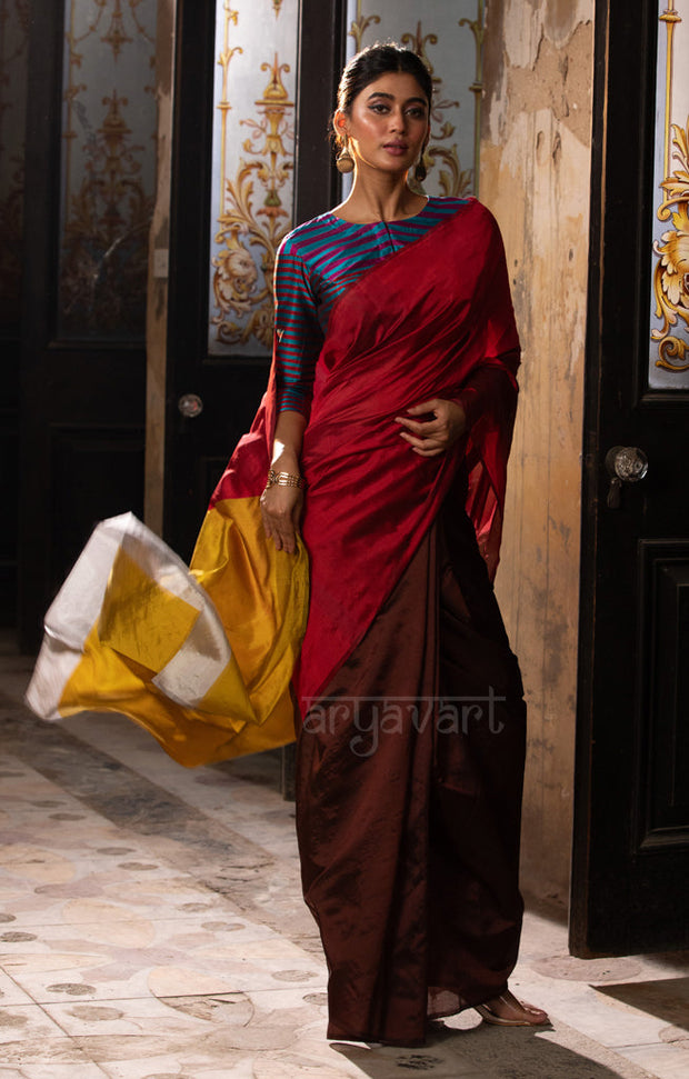 Walnut Brown & Red Silk Chanderi Saree with a Stunning Sunset Gold Pallu