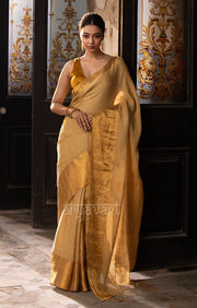 Mustard Textured Linen Saree With A Striking Gold Zari Border & Pallu