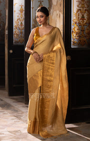 Mustard Textured Linen Saree With A Striking Gold Zari Border & Pallu