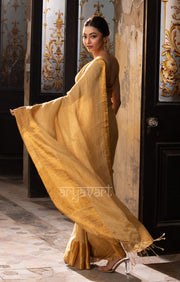 Mustard Textured Linen Saree With A Striking Gold Zari Border & Pallu
