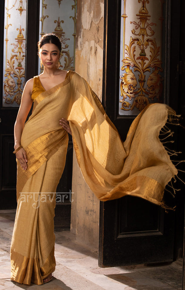 Mustard Textured Linen Saree With A Striking Gold Zari Border & Pallu