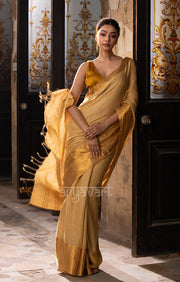 Mustard Textured Linen Saree With A Striking Gold Zari Border & Pallu