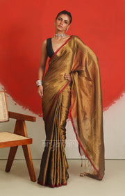 Dark Gold Tissue Cotton saree With A Thin Red Border