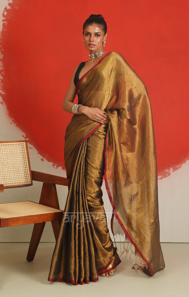 Dark Gold Tissue Cotton saree With A Thin Red Border