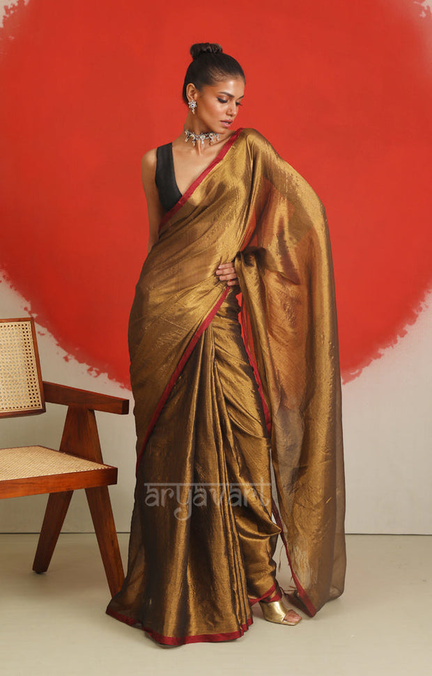 Dark Gold Tissue Cotton saree With A Thin Red Border