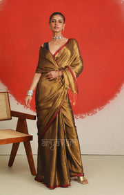 Dark Gold Tissue Cotton saree With A Thin Red Border