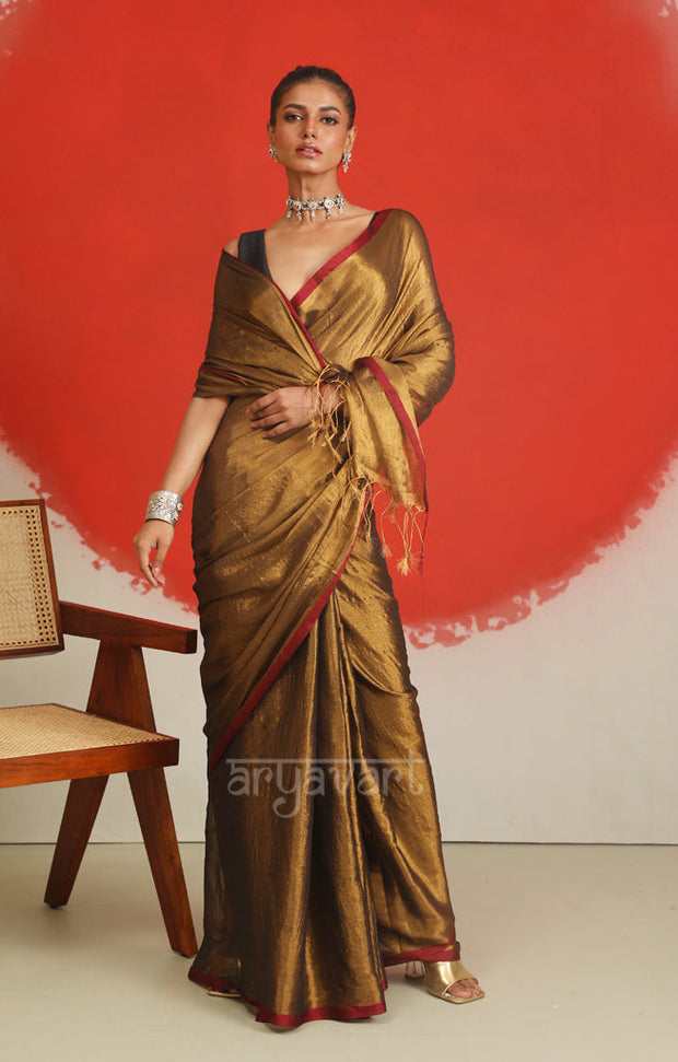 Dark Gold Tissue Cotton saree With A Thin Red Border