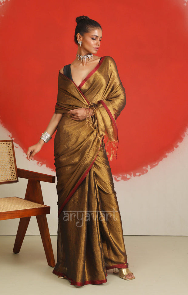 Dark Gold Tissue Cotton saree With A Thin Red Border