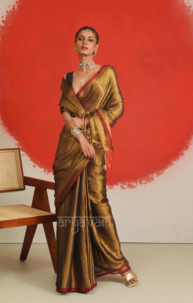 Dark Gold Tissue Cotton saree With A Thin Red Border